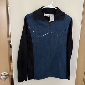 Faded‎ Glory Womens Small Black Blue Vintage Y2K Western Zip Up Sweater Denim